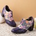  Women Retro Floral Printing Leather Splicing Soft Comfy Sculpted Chunky Heels