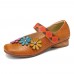 SOCOFY Flowers Decor Dot Printed Cowhide Leather Retro Ankle Strap Hook Loop Comfy Casual Flat Shoes