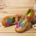 SOCOFY Flowers Decor Dot Printed Cowhide Leather Retro Ankle Strap Hook Loop Comfy Casual Flat Shoes